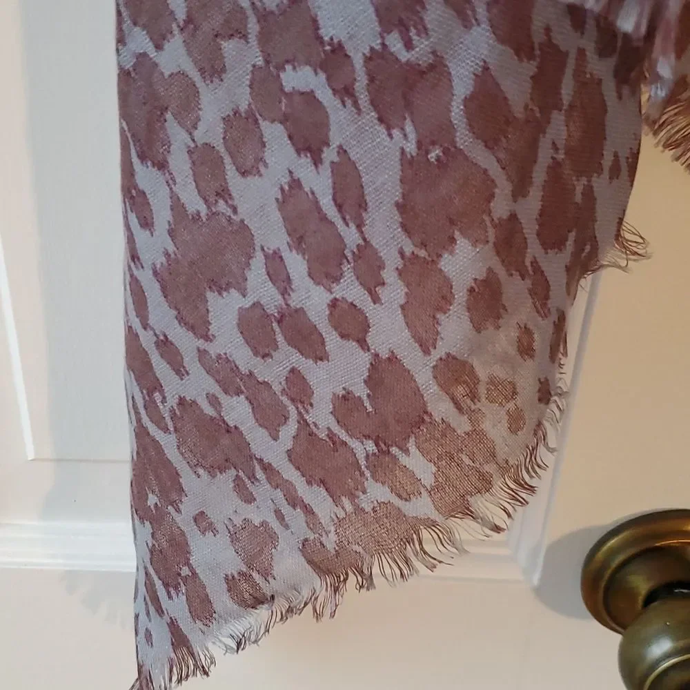 LEOPARD ANIMAL PRINT BLUE BROWN SCARF WRAP FALL SHEER FRINGE 29" by 70 - Picture 2 of 7